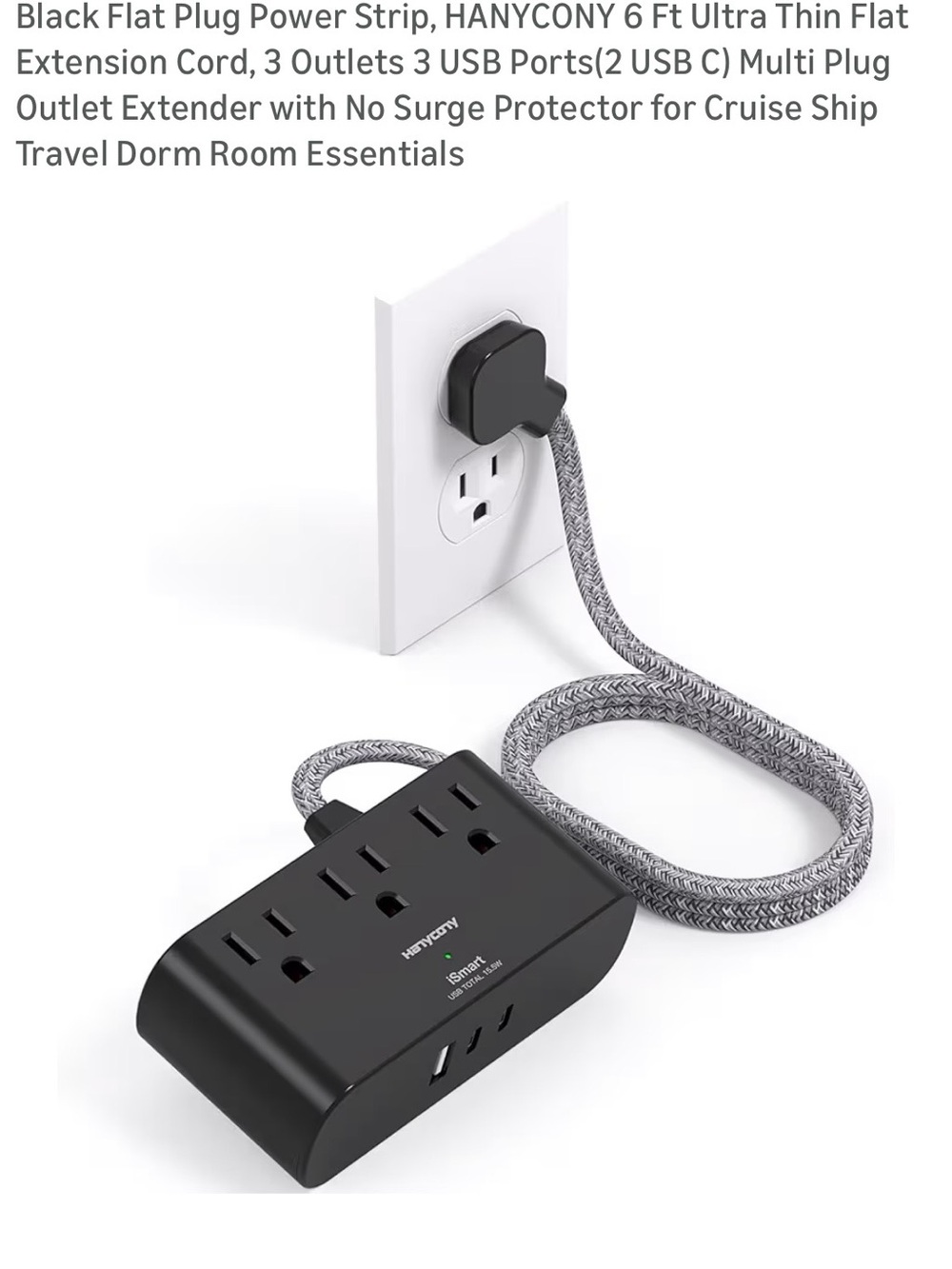 Black 3-Outlet Power Strip with 3 USB Ports - Compact Travel Extension